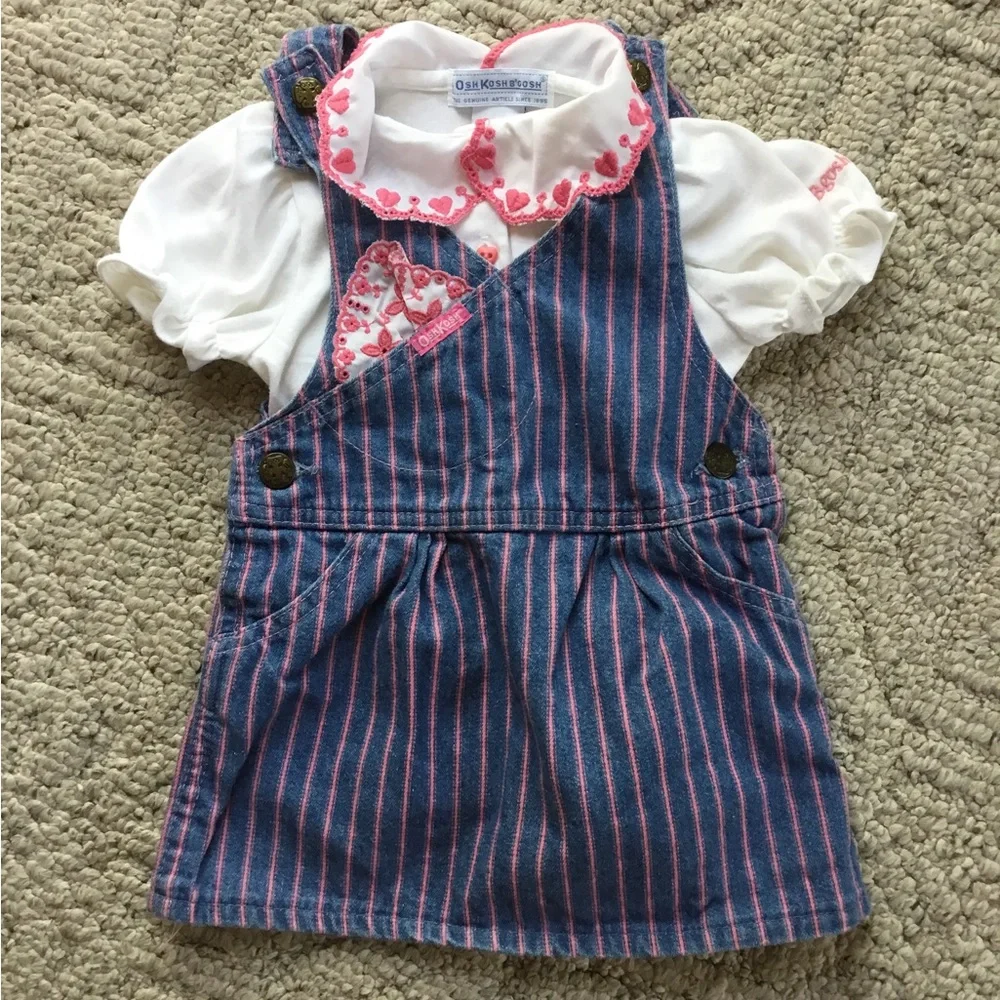 OshKosh B'gosh Blue and Pink Striped Pinafore with White Blouse